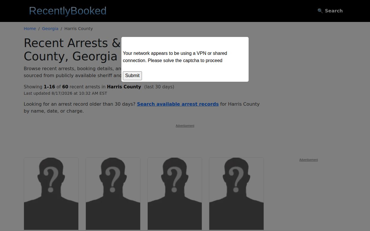 RecentlyBooked Harris County private recent booking page