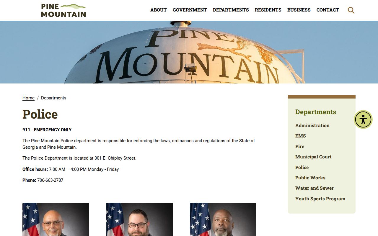 Pine Mountain Police Department contact page for Harris County arrest records and booking requests