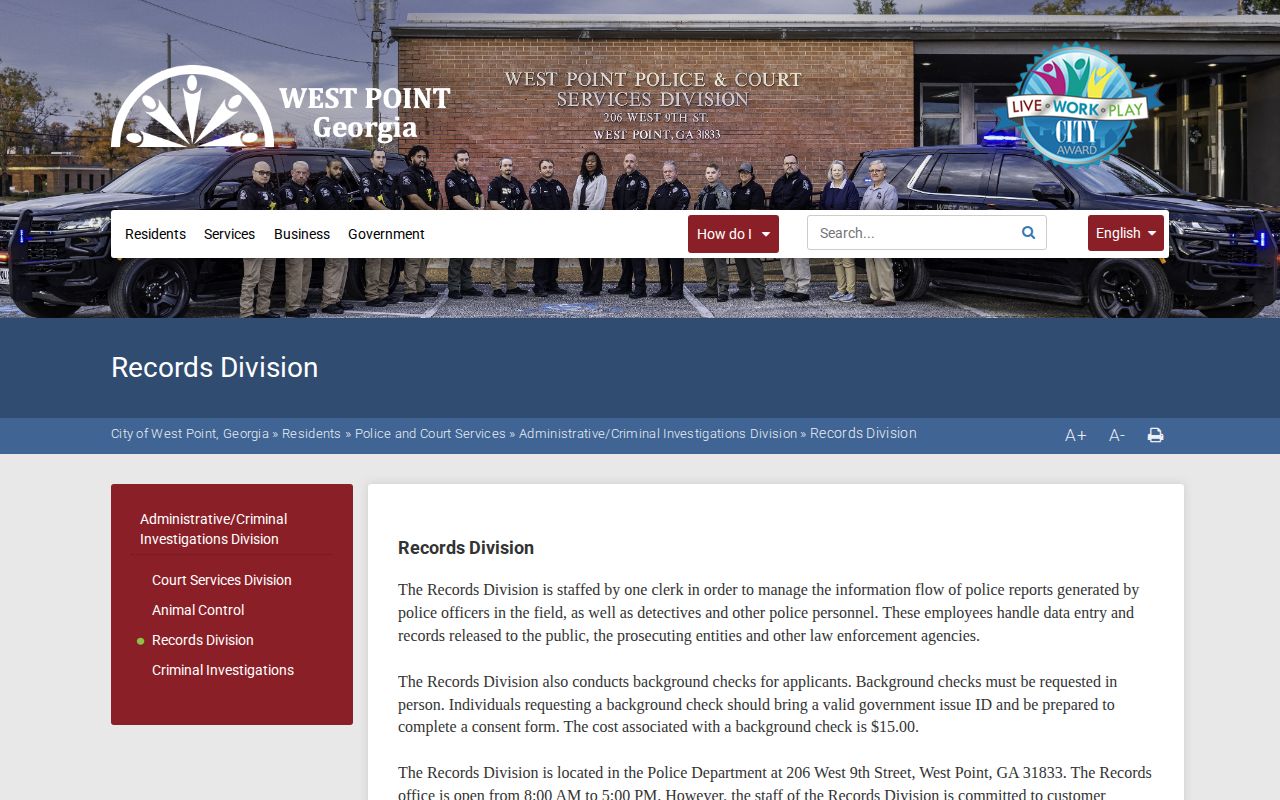 West Point Police and Court Services records page for West Point arrest records and booking-photo requests